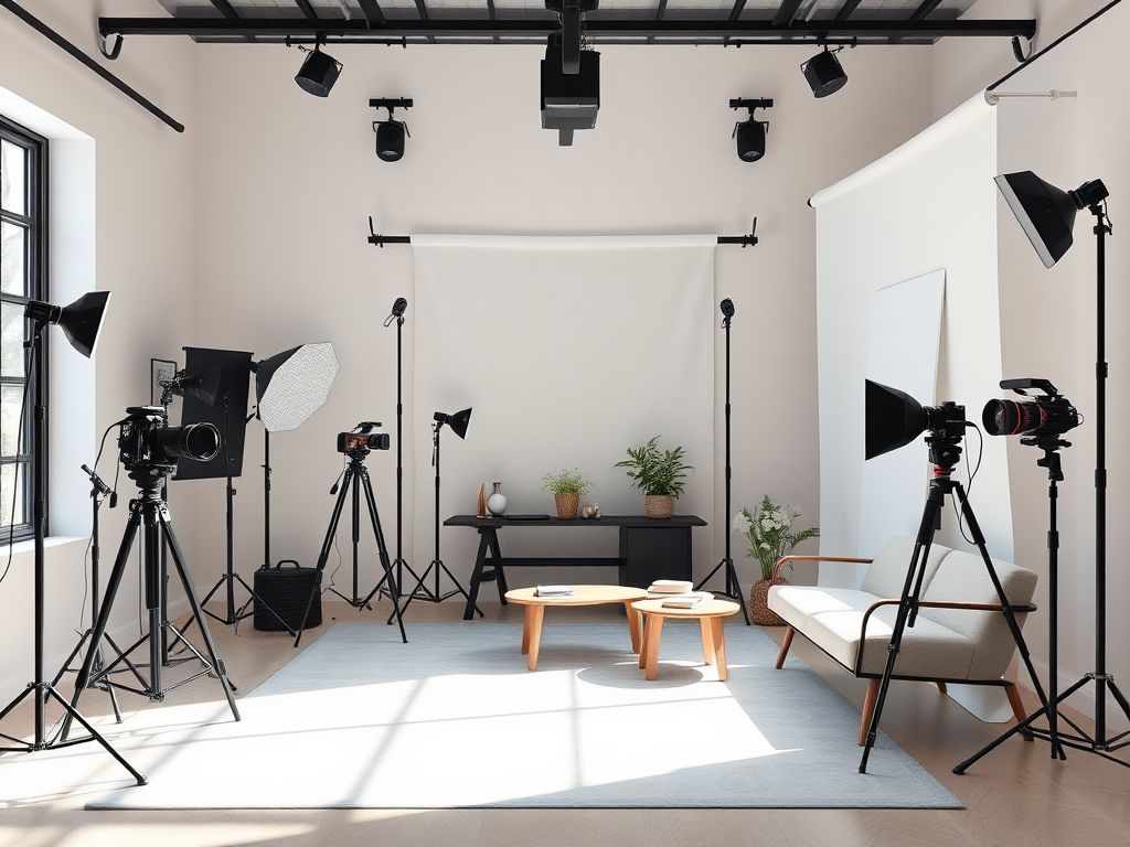 Een moderne fotostudio met natuurlijke verlichting en apparatuur.