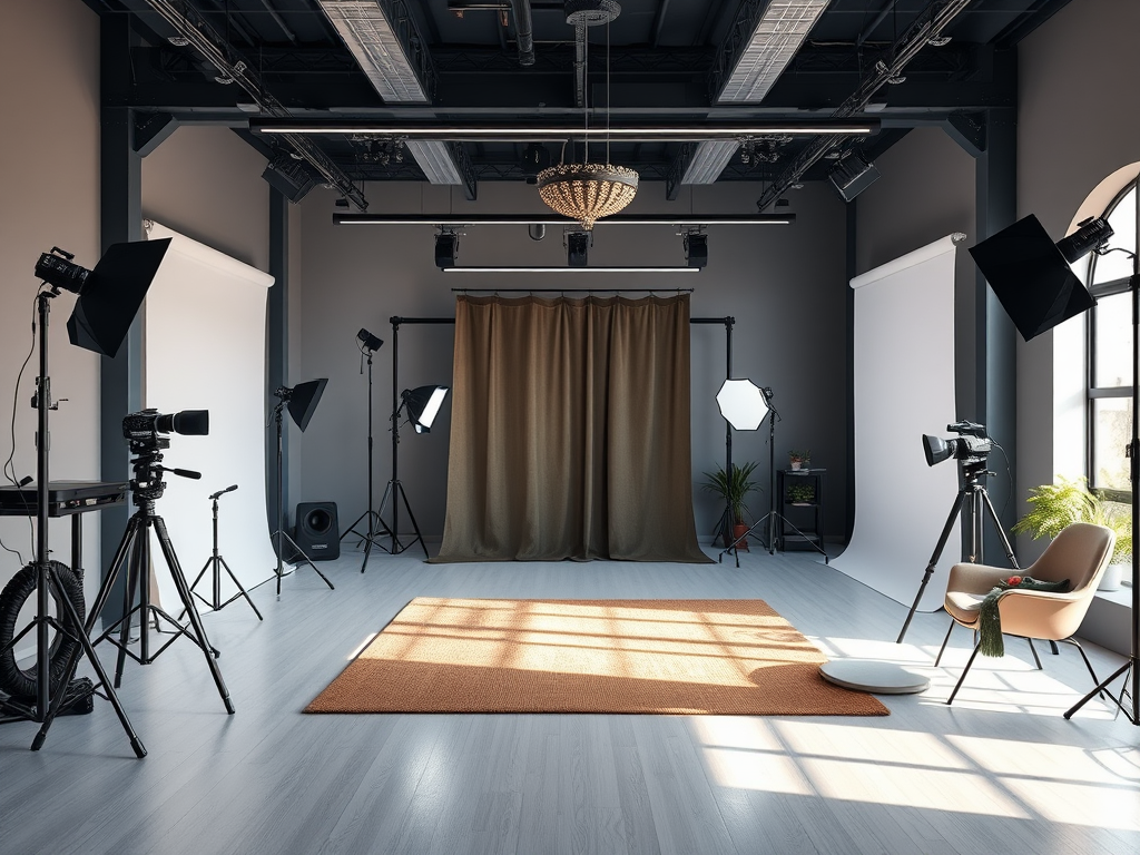 Modern fotostudio met natuurlijke verlichting en elegante achtergronden.