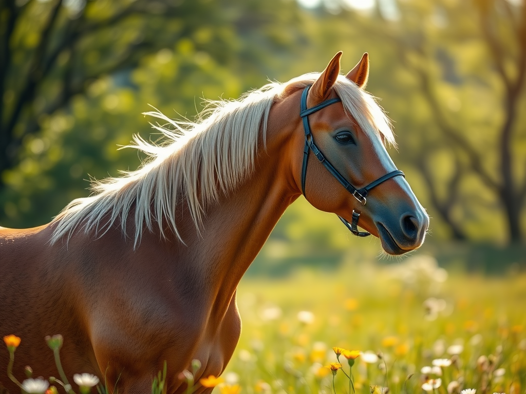 A serene horse in a sunlit meadow, "gentle breeze ruffling mane," "soft natural lighting," "background with blurred trees and wildflowers," "halster subtly removed" revealing flawless coat.