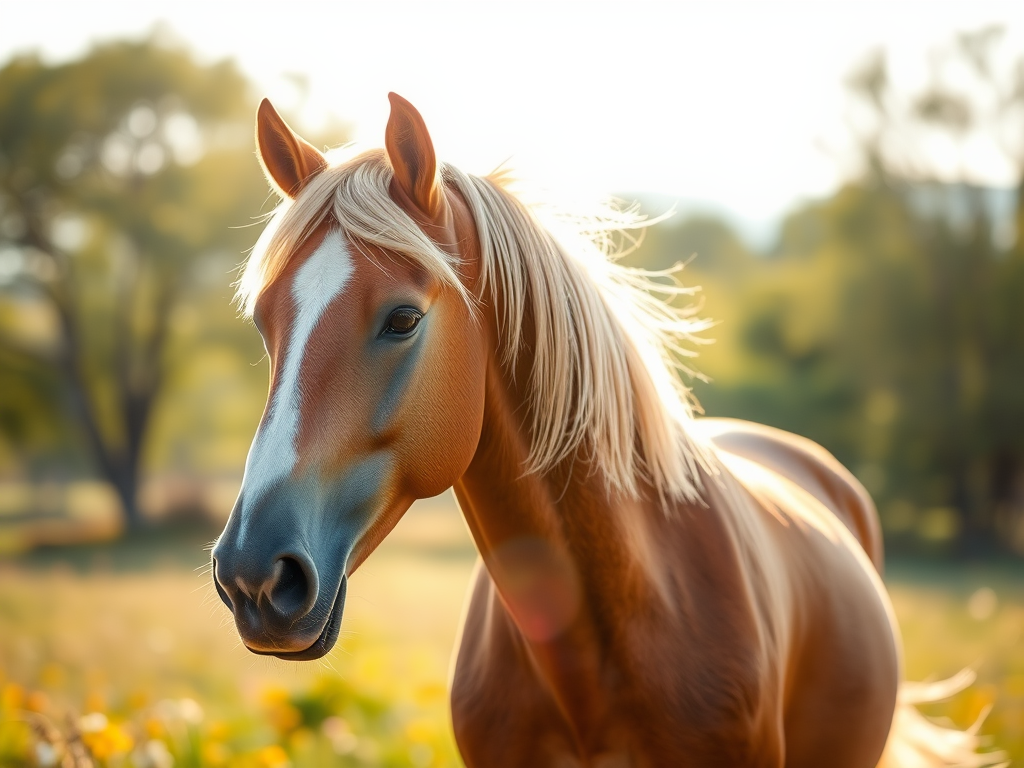 A serene horse in a sunlit meadow, "gentle breeze ruffling mane," "soft natural lighting," "background with blurred trees and wildflowers," "halster subtly removed" revealing flawless coat.