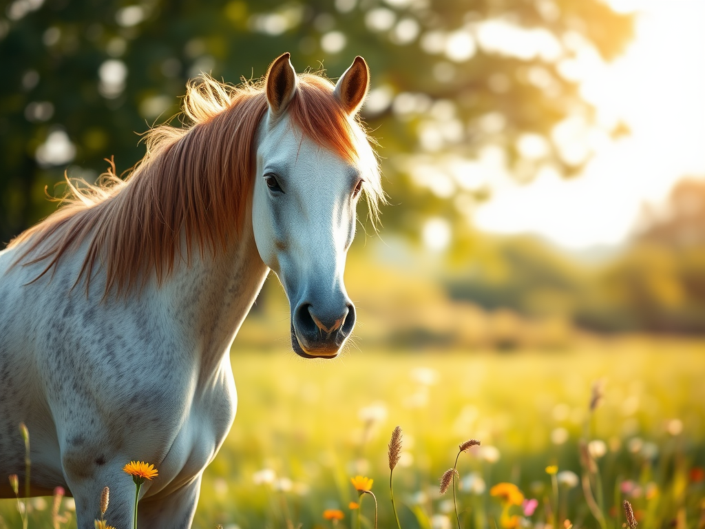 A serene horse in a sunlit meadow, "gentle breeze ruffling mane," "soft natural lighting," "background with blurred trees and wildflowers," "halster subtly removed" revealing flawless coat.
