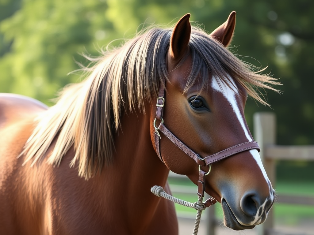 "brown handmade horse halter" "soft natural lighting" "horse in outdoor setting" "adjustable cordlocks visible" "long rope gently coiled" "calm horse with flowing mane" "minimal background distractions"