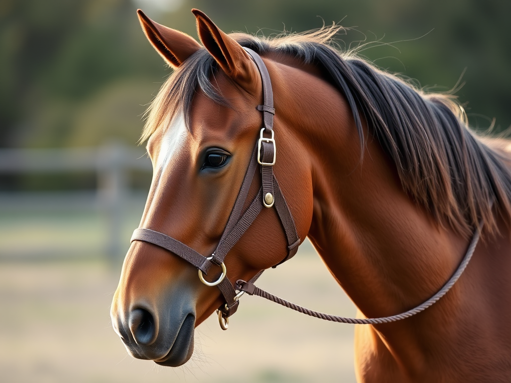 "brown handmade horse halter" "soft natural lighting" "horse in outdoor setting" "adjustable cordlocks visible" "long rope gently coiled" "calm horse with flowing mane" "minimal background distractions"