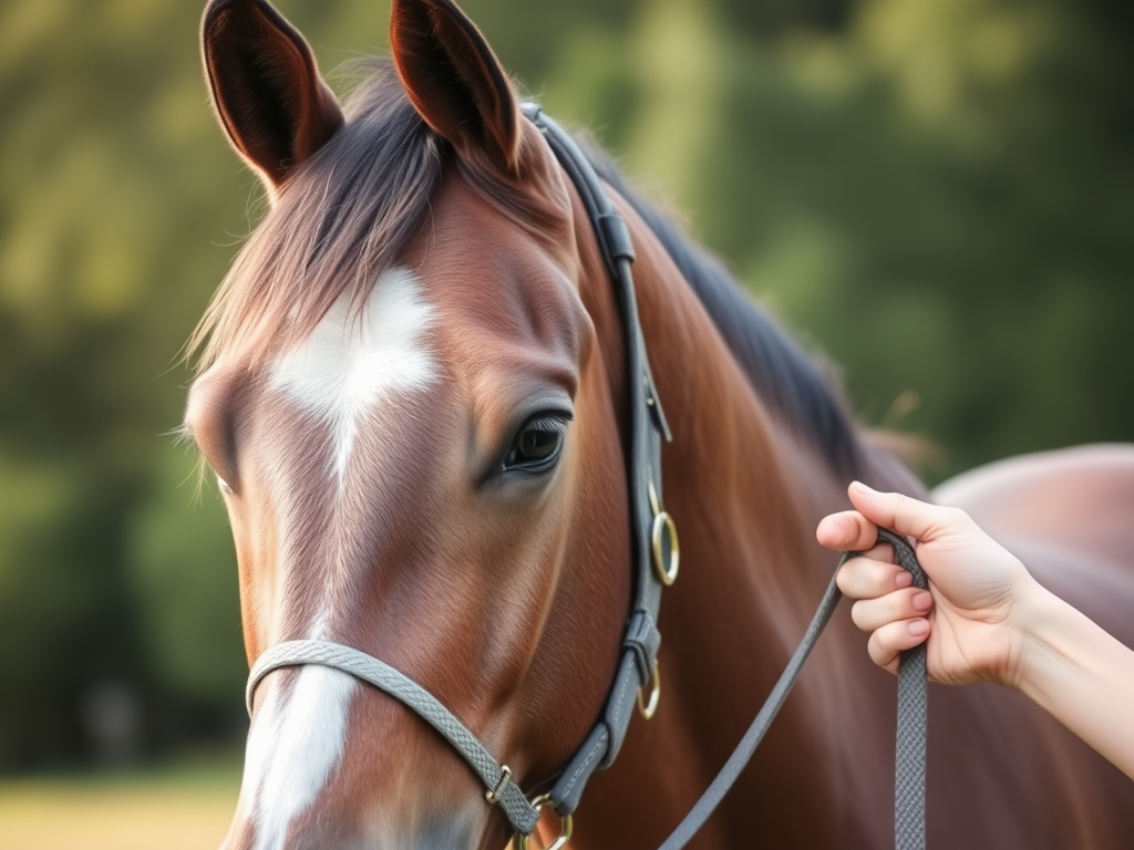 "A serene horse wearing a delicate, nearly invisible halter," "soft natural light highlighting the horse's calm eyes," "photographer gently holding a long, thin lead rope," "peaceful outdoor setting with blurred green background."
