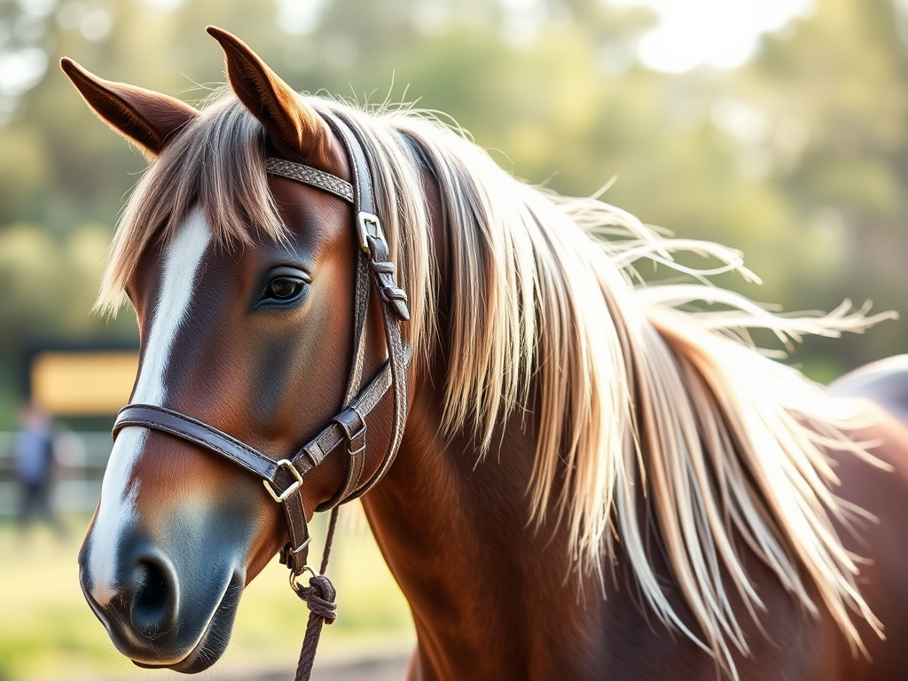 "brown handmade horse halter" "soft natural lighting" "horse in outdoor setting" "adjustable cordlocks visible" "long rope gently coiled" "calm horse with flowing mane" "minimal background distractions"