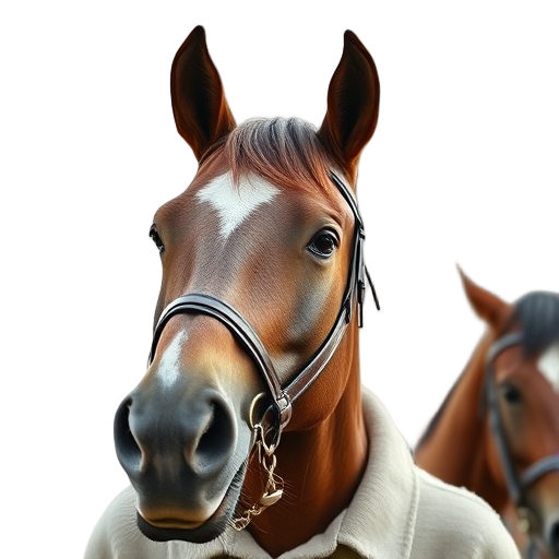 A smiling person with horse tack removed from photo, "natural lighting," "clear white background," "realistic fine details," "calm horse nearby."