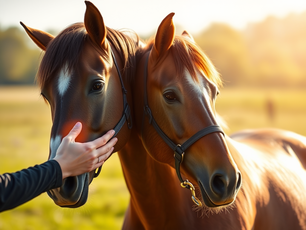 A serene horse in a sunlit meadow, "gently removing a halter" with magical glowing hands, "background softly blurred", "natural light highlighting fur texture".
