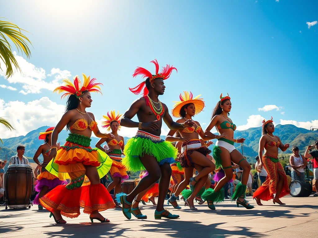 Een levendige samba festival met kleurrijke dansers en drums.