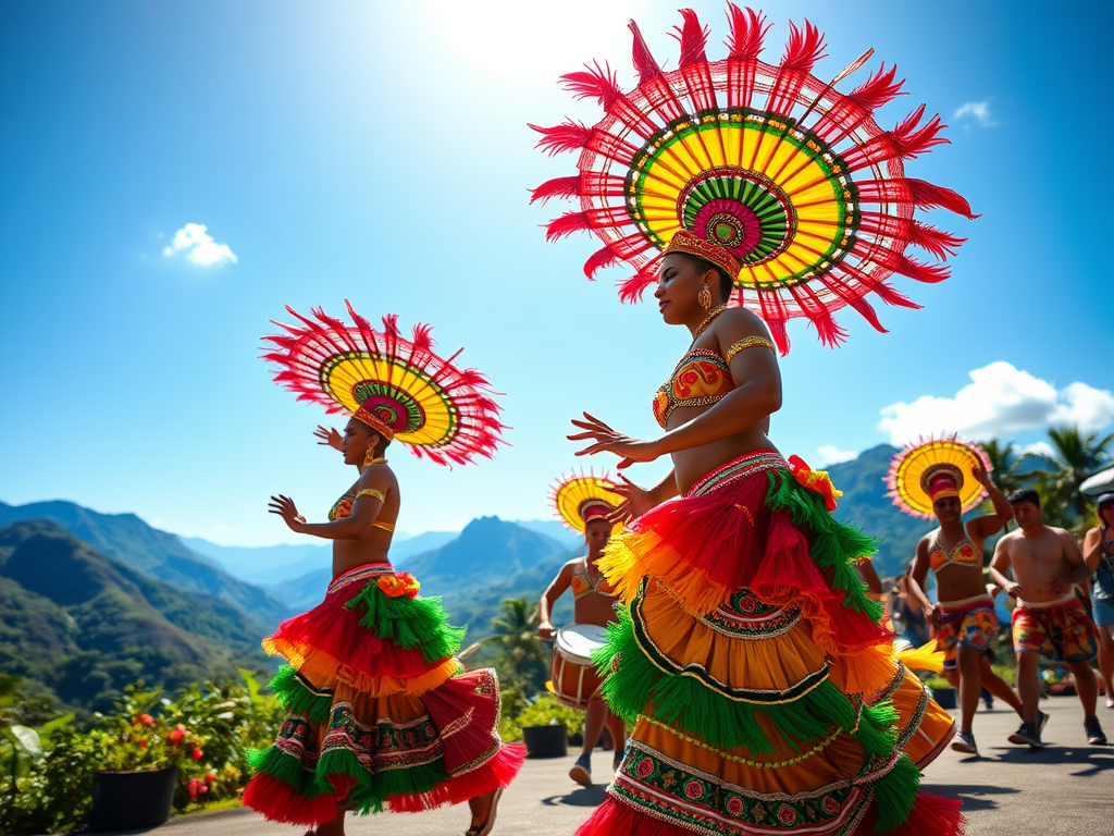 Samba dansers in kleurrijke kostuums met bergen op de achtergrond.