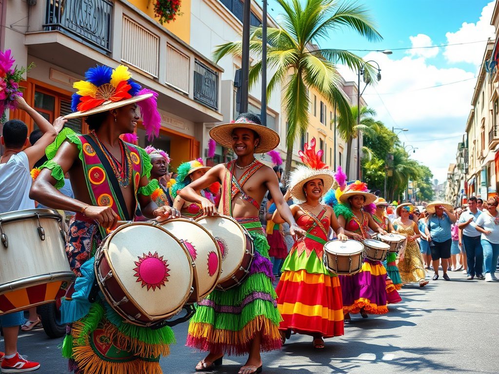 Een levendige Braziliaanse sambascène met kleurrijke kostuums en drums.