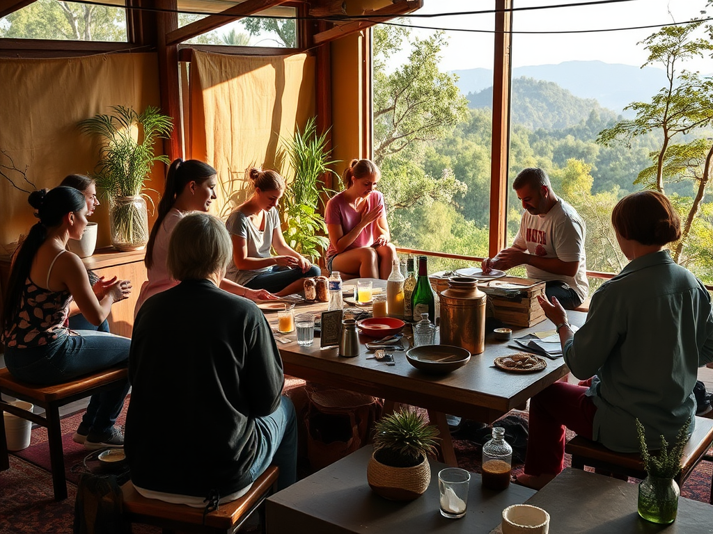 Een levendige workshop met deelnemers en natuur op de achtergrond.