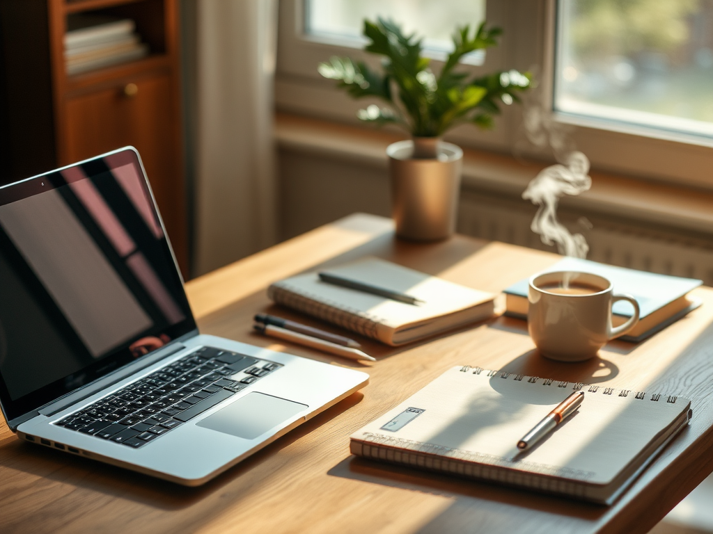 Een rustige werkplek met een laptop en koffie.
