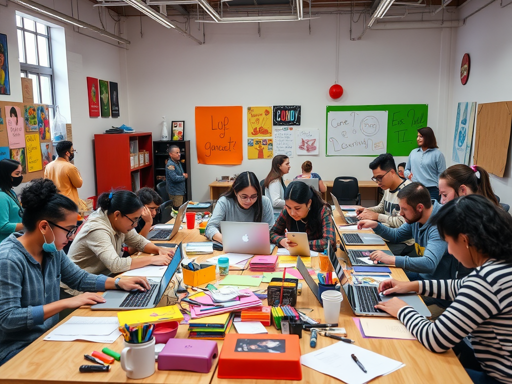 Een levendige workshop met diverse mensen aan het werk.