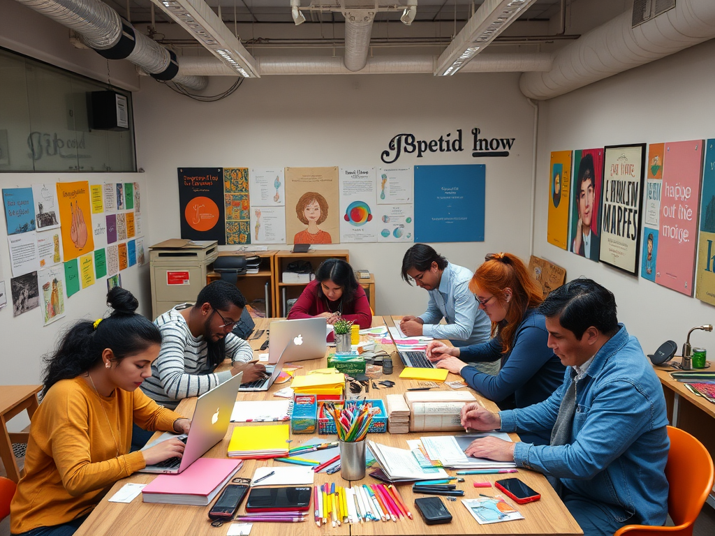 Een levendige workshop met diverse deelnemers aan creatieve activiteiten.