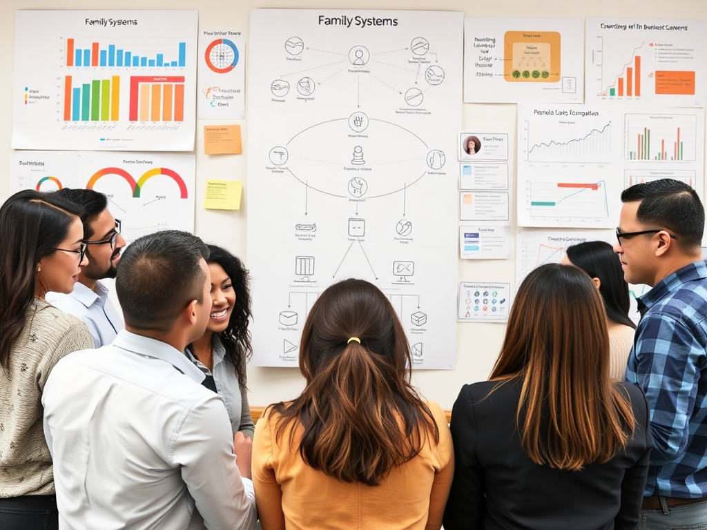 Een diverse groep ondernemers bespreekt grafieken en diagrammen.