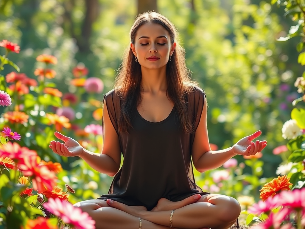 Een serene vrouw die mediteert in een bloeiende tuin.