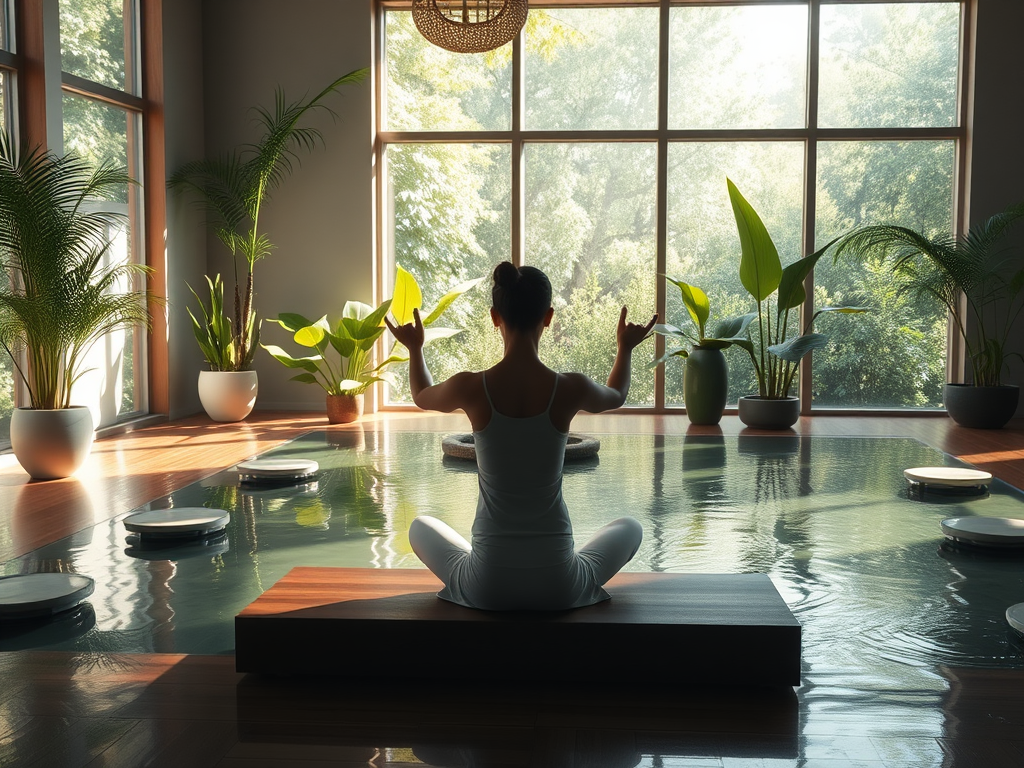 Een rustige meditatieruimte met een yogabeoefenaar.