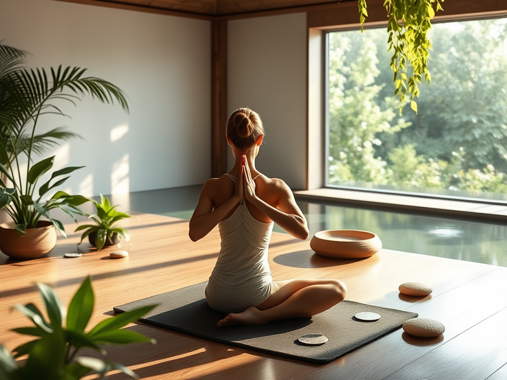 Een rustige meditatieruimte met een yogabeoefenaar.