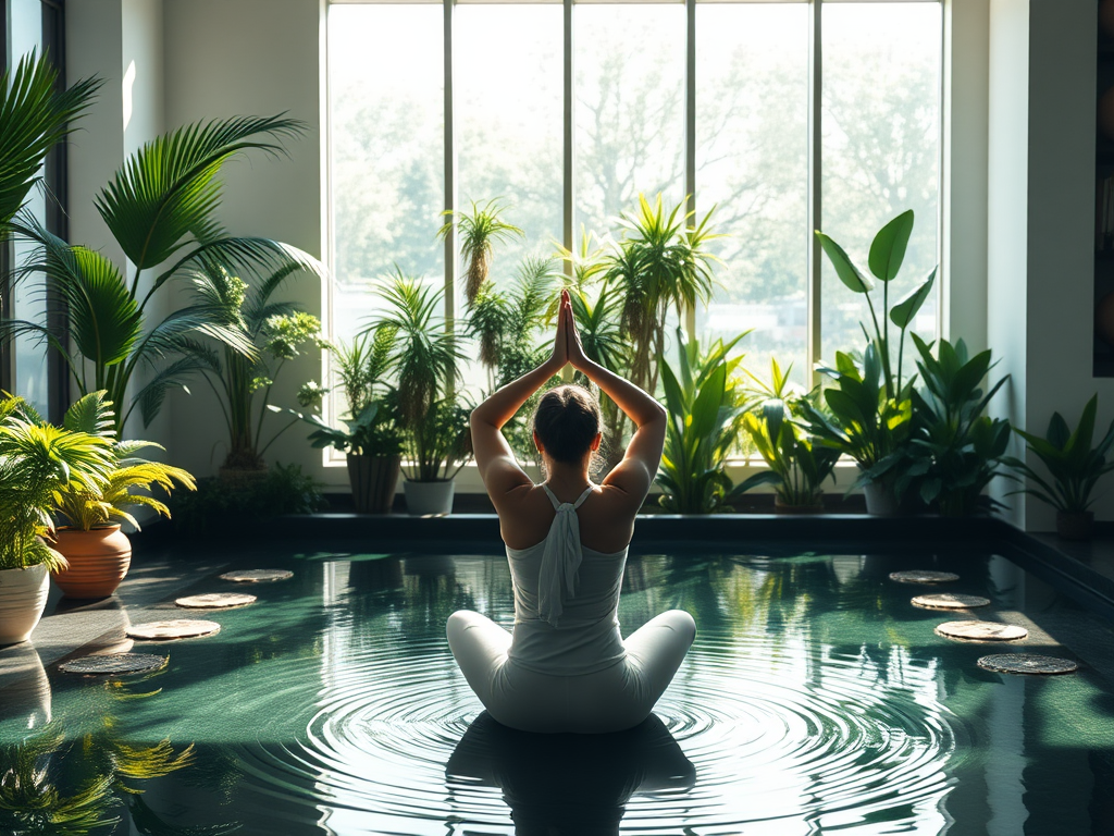 Een serene meditatie ruimte met een figuur in yoga.