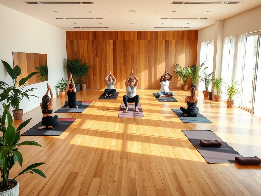 Een rustige yogastudio met houten vloeren en planten.