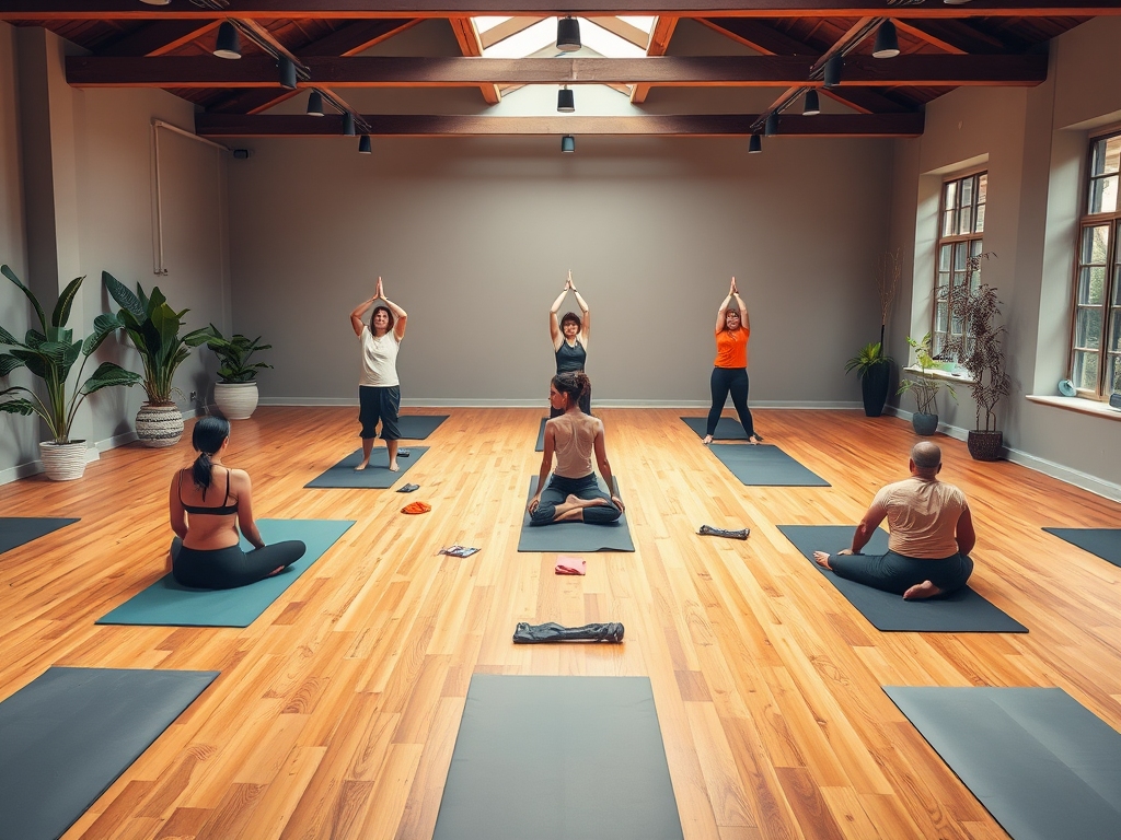 Een serene yogastudio met houten vloeren en planten.