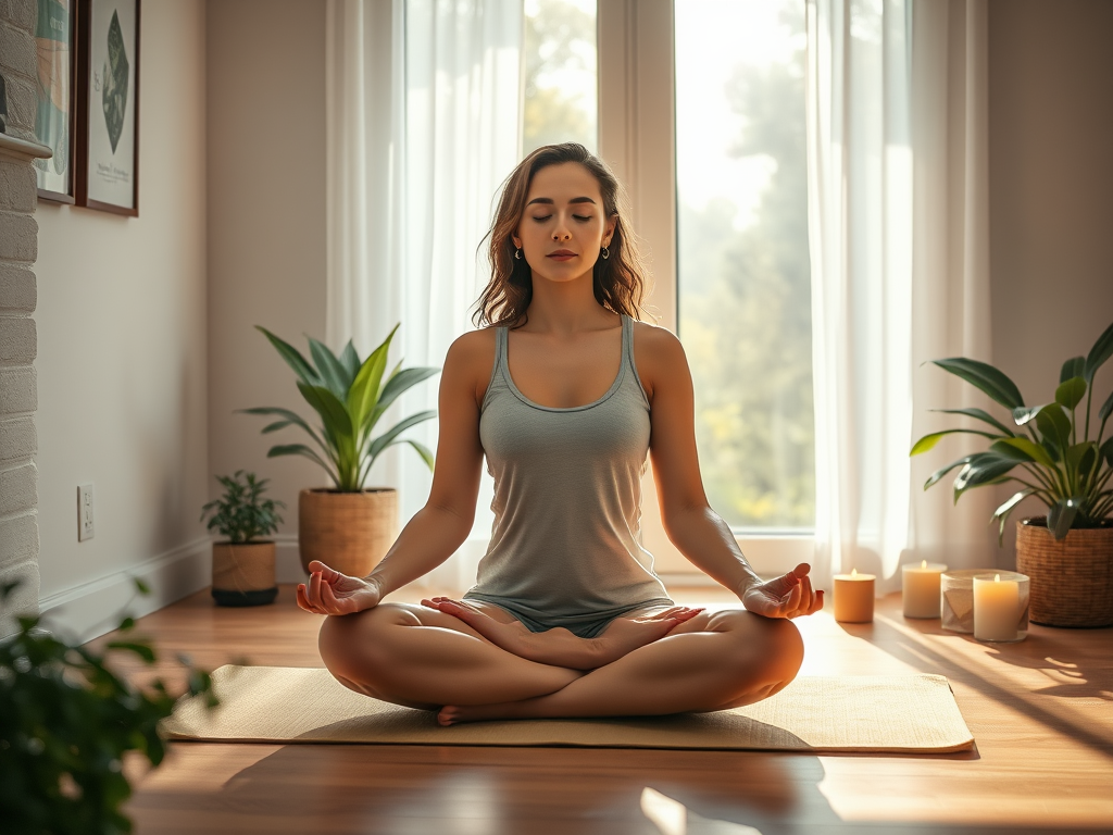 "peaceful morning scene" "woman meditating on yoga mat" "soft sunlight through window" "plants and candles around" "calm serene expression" "gentle, warm colors"