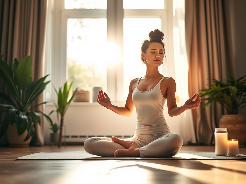 "peaceful morning scene" "woman meditating on yoga mat" "soft sunlight through window" "plants and candles around" "calm serene expression" "gentle, warm colors"