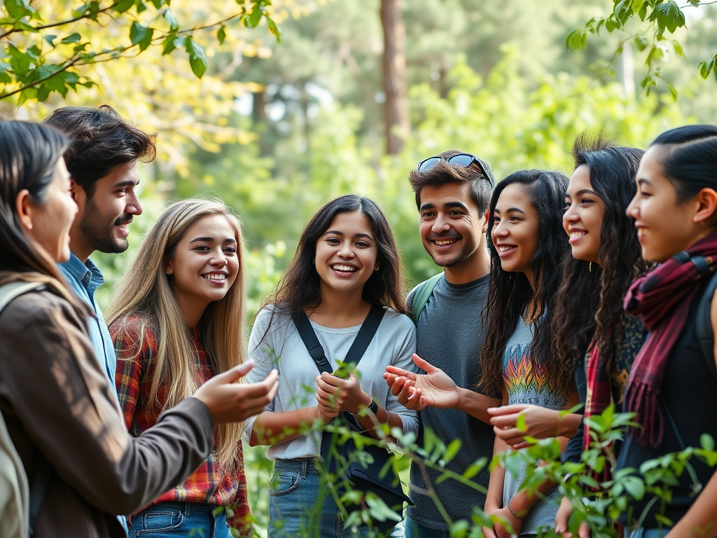 Een diverse groep jongeren in een levendig gesprek in de natuur.
