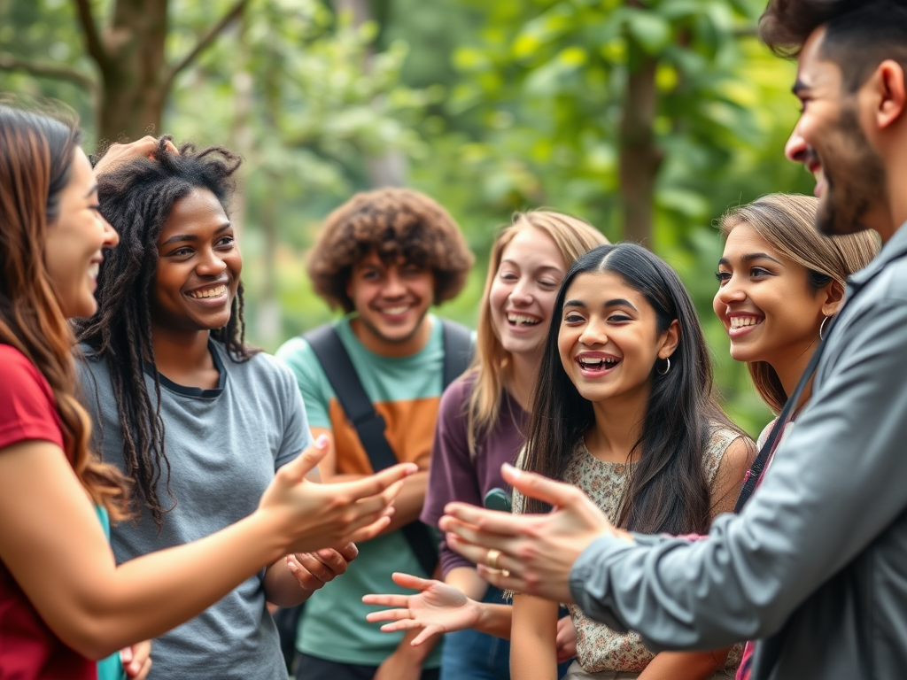 Een diverse groep jonge mensen in een levendig gesprek.