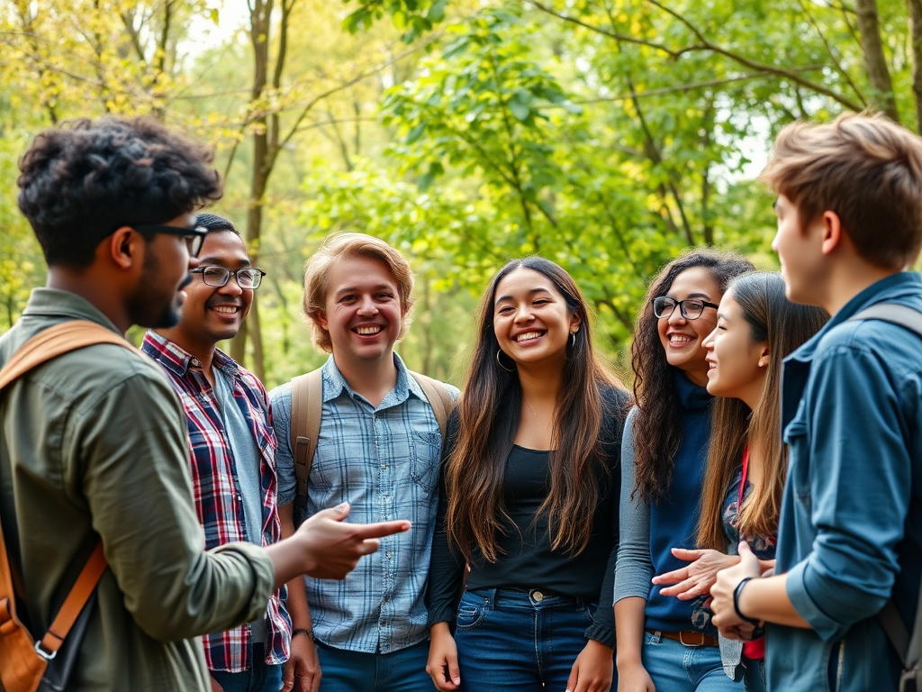 Een diverse groep jongeren in een levendig gesprek in de natuur.