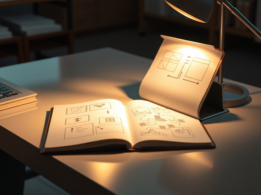 "A sleek, illuminated desk in a quiet study, open notebook, sketches of templates, arrows guiding flow, golden light, crisp pages, subtle blueprint motifs."