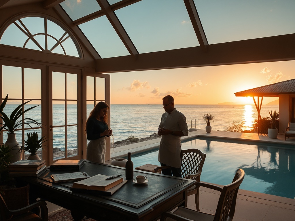 "A luxury coastal villa interior and tranquil exterior