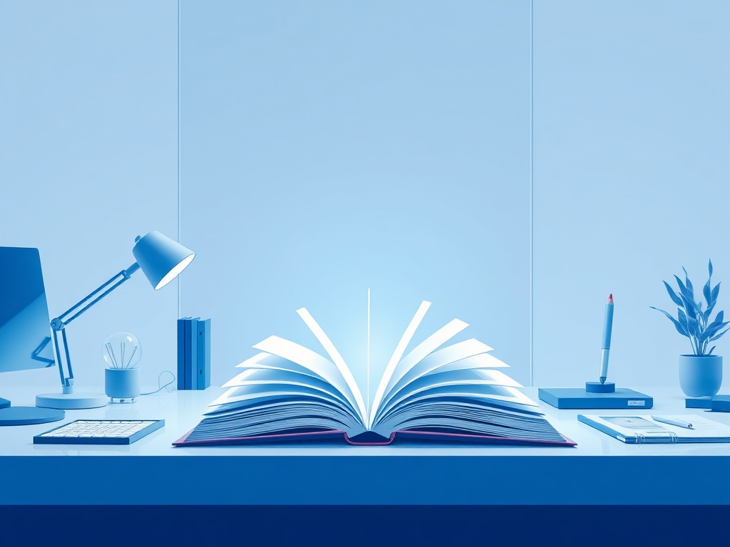 "A sleek, modern workspace with a glowing book centerpiece, sharp blue and white tones, a busy entrepreneur drafting pages, subtle icons for tools and templates."