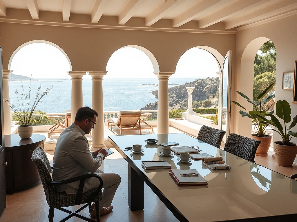 "A luxe Spanish villa interior and terrace, serene sea view, focused writer at sleek desk with ghostwriter and editor collaborating, day lighting, notebooks, coffee, calm garden."