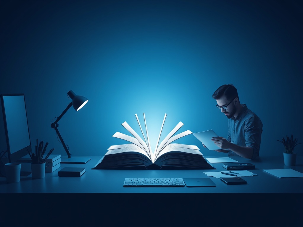 "A sleek, modern workspace with a glowing book centerpiece, sharp blue and white tones, a busy entrepreneur drafting pages, subtle icons for tools and templates."