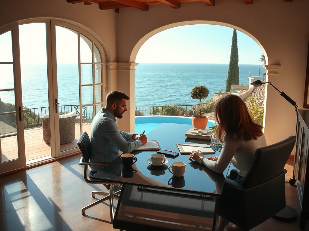 "A luxe Spanish villa interior and terrace, serene sea view, focused writer at sleek desk with ghostwriter and editor collaborating, day lighting, notebooks, coffee, calm garden."