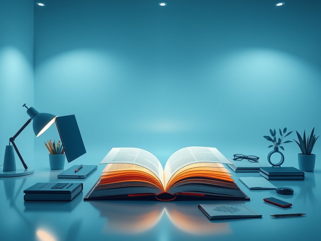 "A sleek, modern workspace with a glowing book centerpiece, sharp blue and white tones, a busy entrepreneur drafting pages, subtle icons for tools and templates."