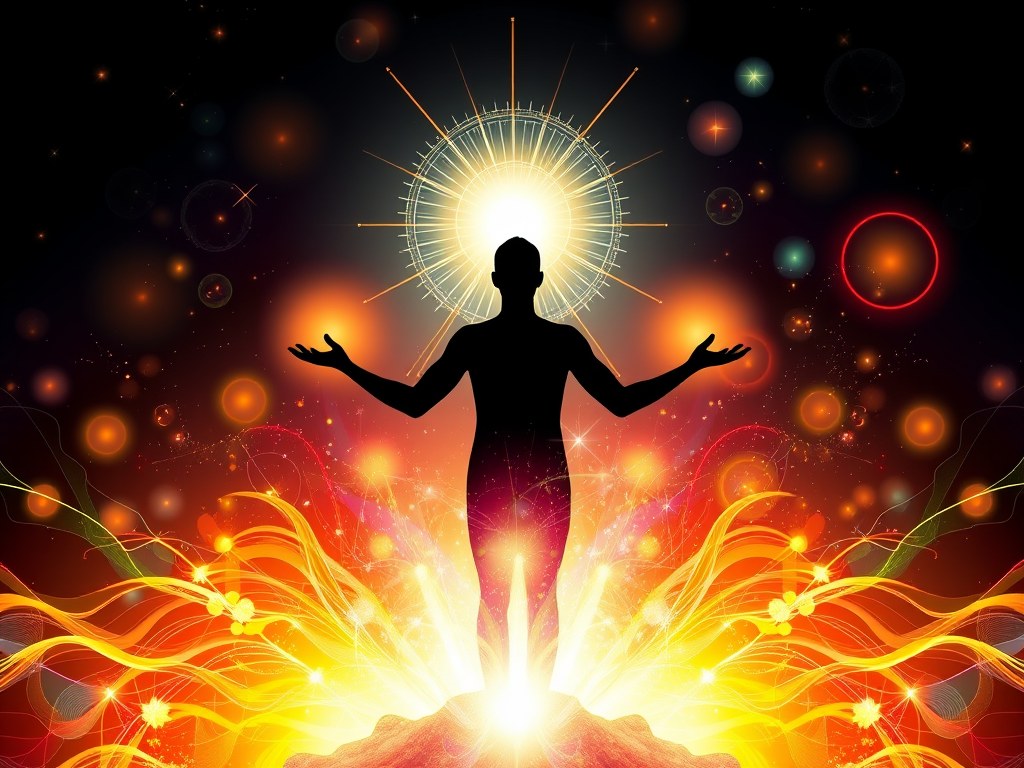 "A radiant human silhouette" surrounded by "glowing orbs of light," "vibrant energy waves," and "abstract growth patterns" symbolizing transformation and self-discovery.