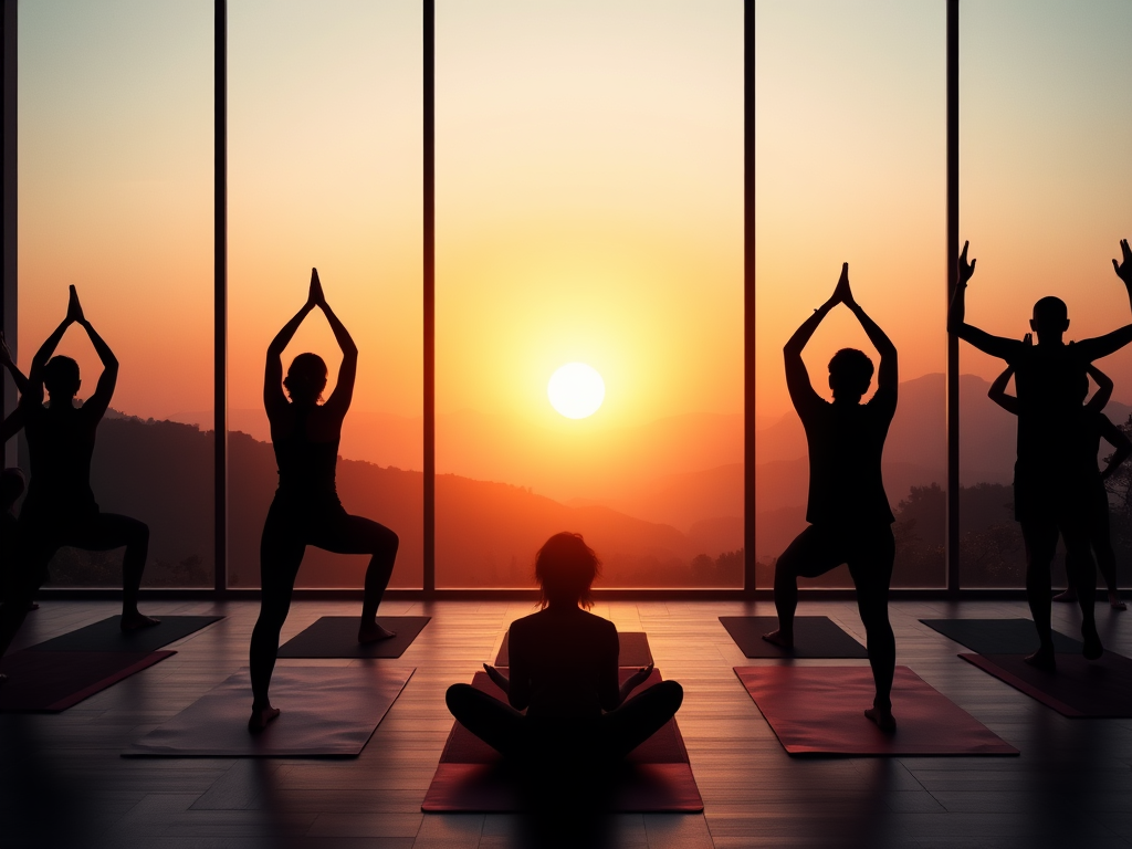 "A serene sunrise over a tranquil yoga studio" "silhouettes practicing dynamic yoga poses" "ethereal glowing energy flowing through practitioners" "calm, balanced atmosphere with soft natural light"