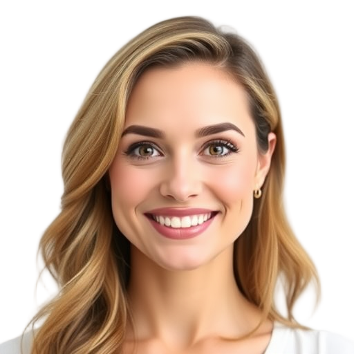 A confident woman smiling to the camera with a white background looking like