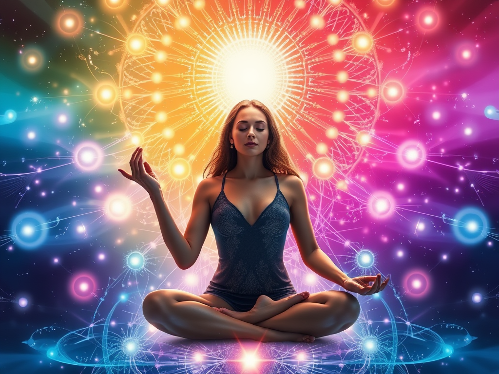 "a radiant woman meditating" surrounded by "glowing abstract energy patterns" and "shimmering light orbs," with a backdrop of "soft cosmic colors" symbolizing transformation and empowerment.