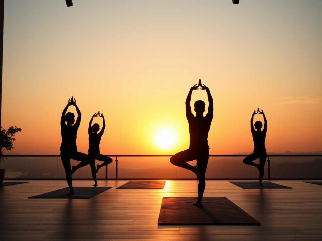 "A serene sunrise over a tranquil yoga studio" "silhouettes practicing dynamic yoga poses" "ethereal glowing energy flowing through practitioners" "calm, balanced atmosphere with soft natural light"
