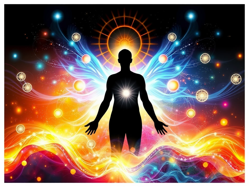 "A radiant human silhouette" surrounded by "glowing orbs of light," "vibrant energy waves," and "abstract growth patterns" symbolizing transformation and self-discovery.