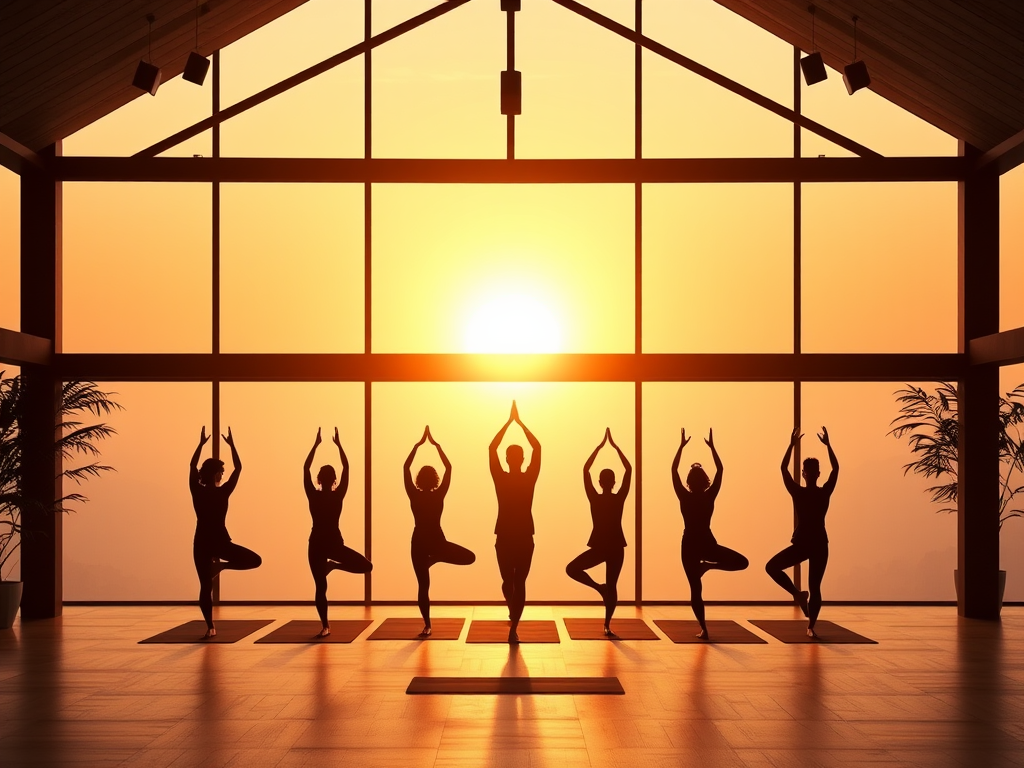 "A serene sunrise over a tranquil yoga studio" "silhouettes practicing dynamic yoga poses" "ethereal glowing energy flowing through practitioners" "calm, balanced atmosphere with soft natural light"