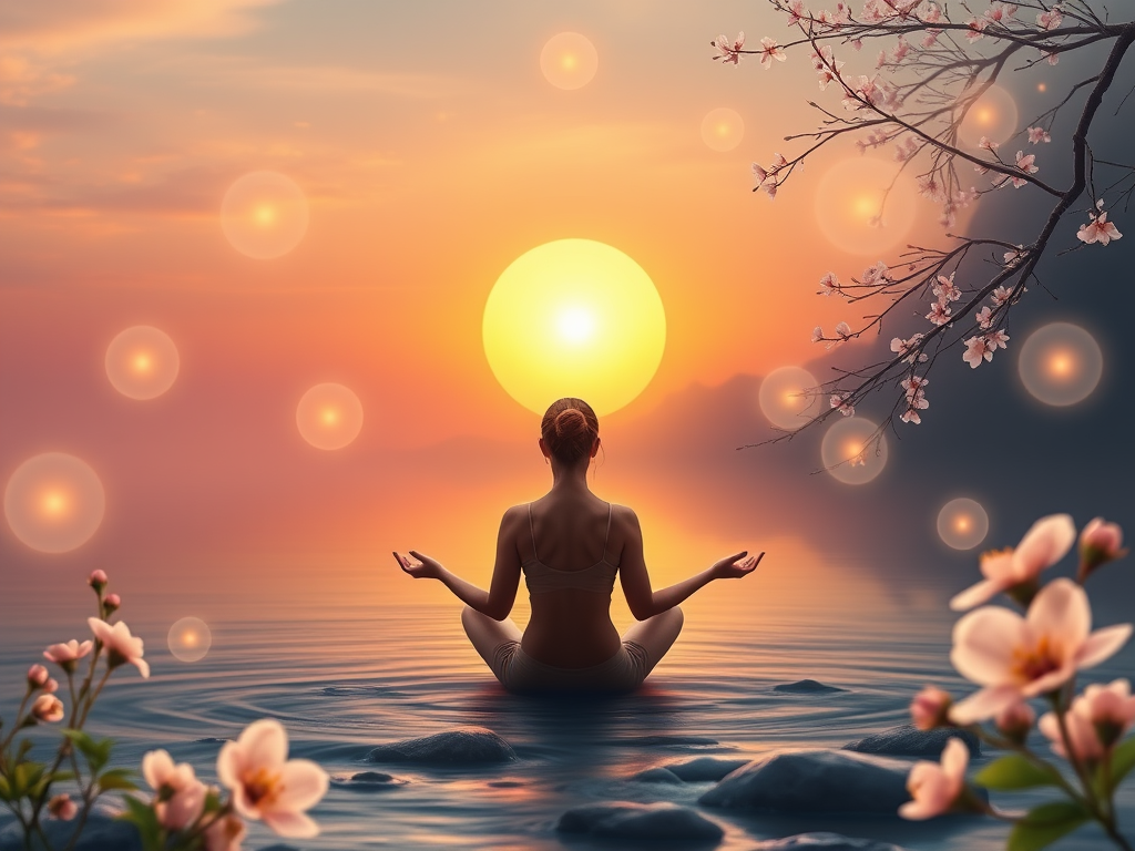 "a serene woman meditating amidst glowing energy orbs" "soft pastel colors blending into a radiant sunrise" "abstract symbols of growth and transformation swirling gently" "calm nature background with blossoming flowers and flowing water"