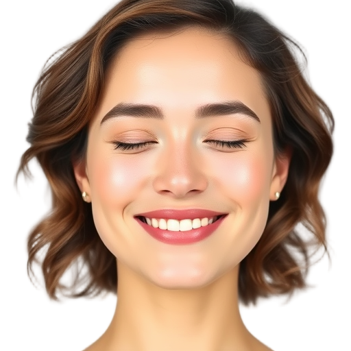 A smiling woman with glowing skin, soft natural makeup, short wavy hair, serene expression, white background, looking confident and peaceful.