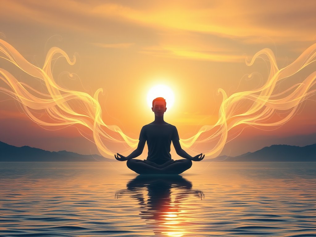 "A serene person meditating" surrounded by "glowing ethereal light" with "flowing energy waves" symbolizing growth and transformation, set against a "calm sunrise landscape."