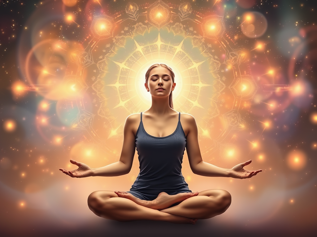 "a radiant woman meditating" surrounded by "glowing abstract energy patterns" and "shimmering light orbs," with a backdrop of "soft cosmic colors" symbolizing transformation and empowerment.