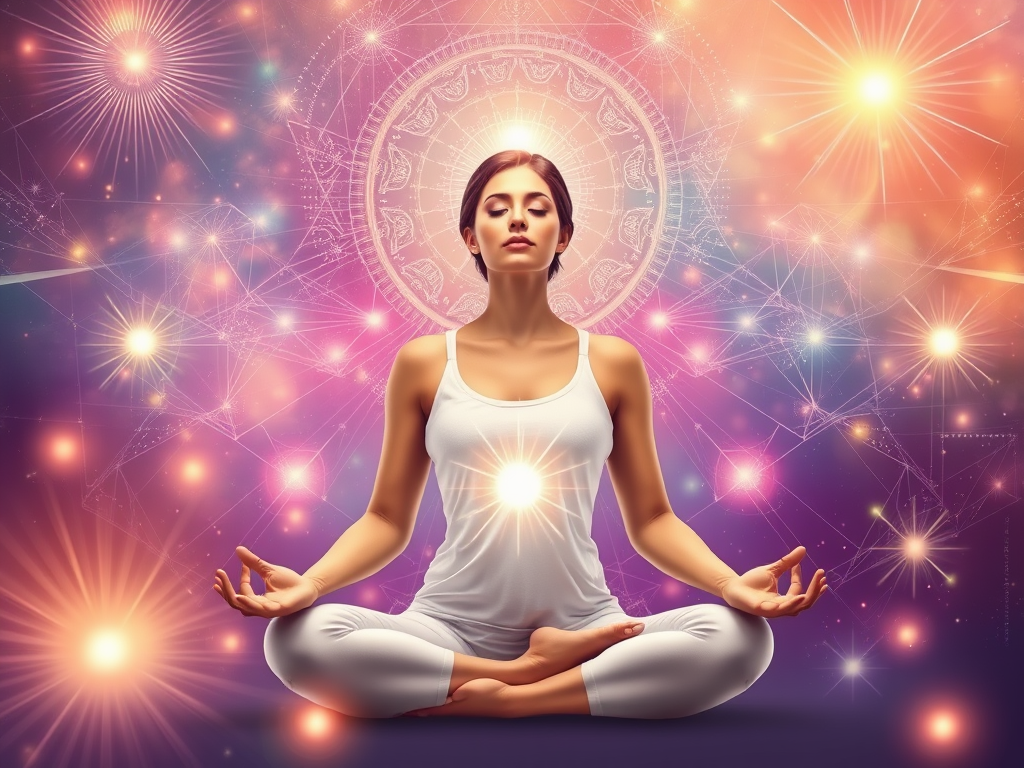 "a radiant woman meditating" surrounded by "glowing abstract energy patterns" and "shimmering light orbs," with a backdrop of "soft cosmic colors" symbolizing transformation and empowerment.