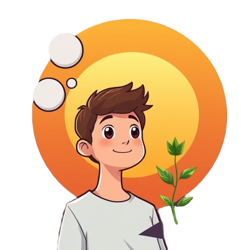 "young person" "looking forward" "glowing aura" "thought bubbles" "small steps" "growing plant" "calm face" "sunrise background"